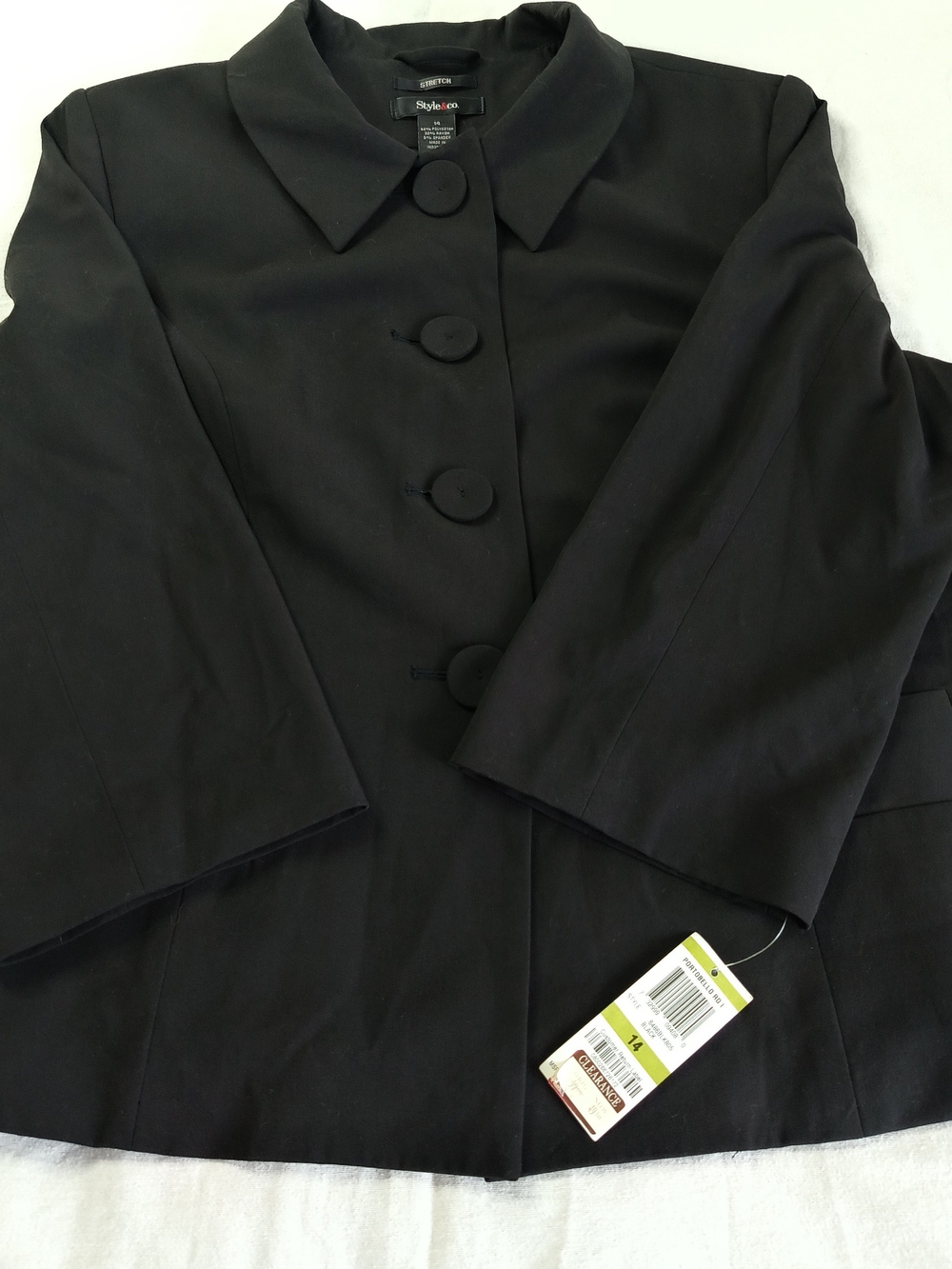 Style & Co Blazer Jacket 14 Black New With Tags 3/4 Sleeve Large Button Crop